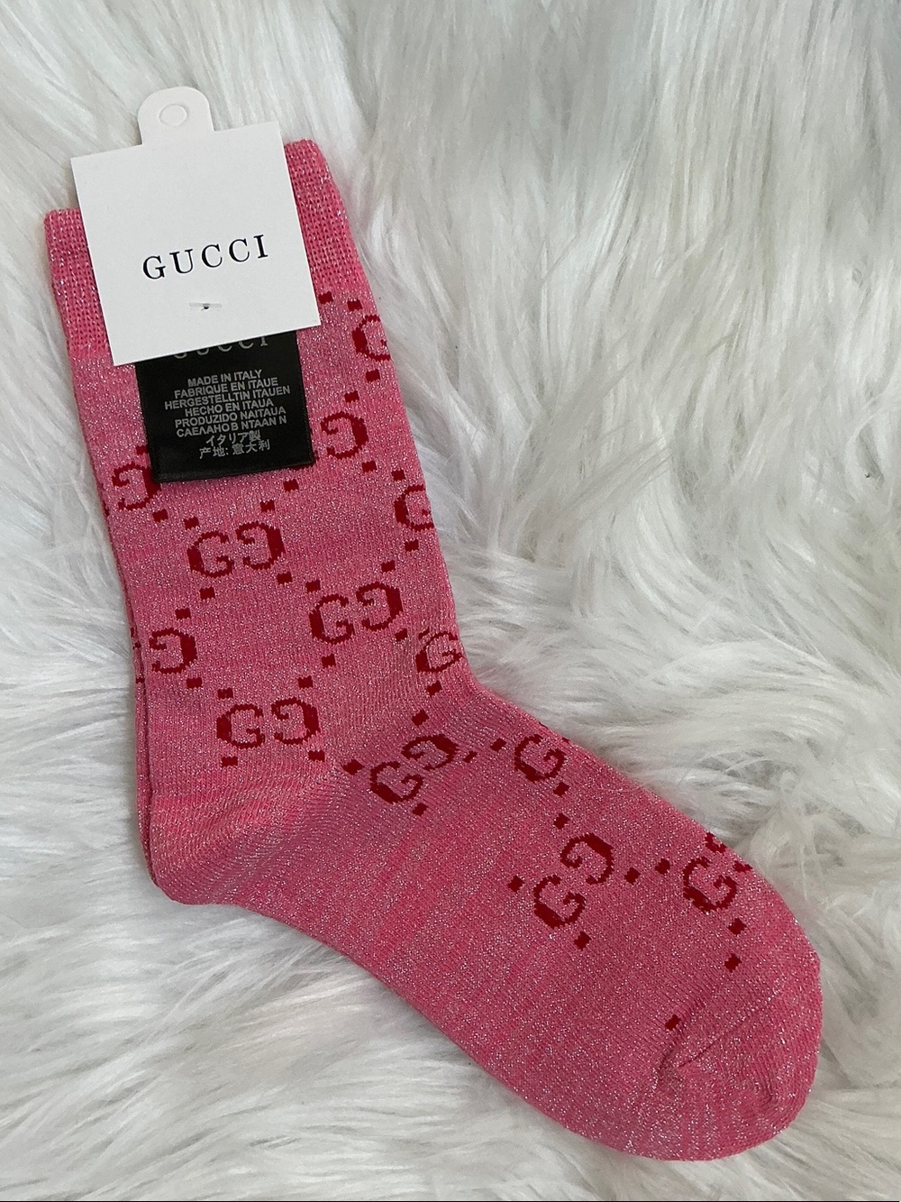Designer GG Pink Sparkling Logo Crew Socks - Picture 2 of 3